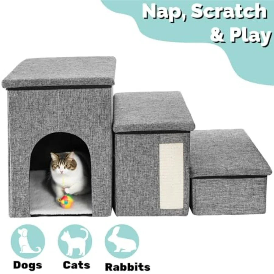 Stairs for Cats and Small Dogs 3 Tiers Pet Step with Storage Foldable Pet Ramp with Condo Cat Scratcher Portable Pet Ladder