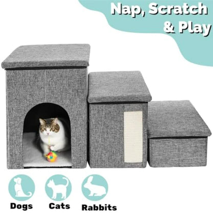 Stairs for Cats and Small Dogs 3 Tiers Pet Step with Storage Foldable Pet Ramp with Condo Cat Scratcher Portable Pet Ladder
