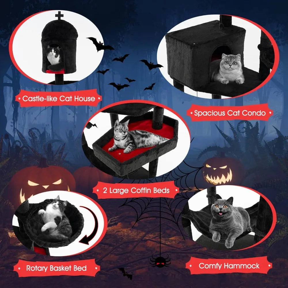 83 Inch Tall Gothic Cat Tree, Multi-Level Halloween Cat Tower with Coffin Beds, Scratching Posts, 2 Cat Condos, Dangling Balls,