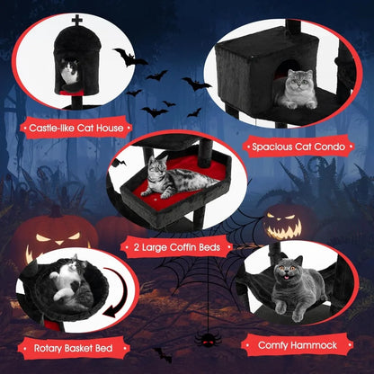 83 Inch Tall Gothic Cat Tree, Multi-Level Halloween Cat Tower with Coffin Beds, Scratching Posts, 2 Cat Condos, Dangling Balls,