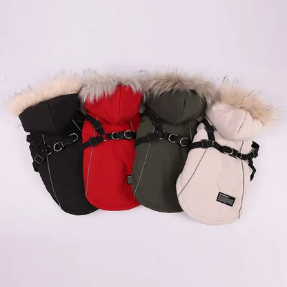 Winter Pet Jacket With Harness Clothes Outfit Waterproof Hooded Coat