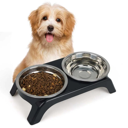 Elevated pet bowl with two stainless steel bowls,  available in black and gray