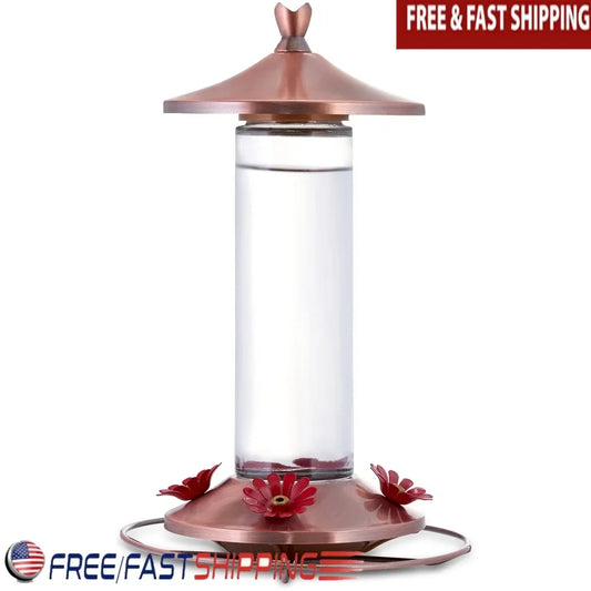 Elegant Copper Glass Hummingbird Feeder 12oz 4 Feeding Ports Wide Mouth  Bee Guard