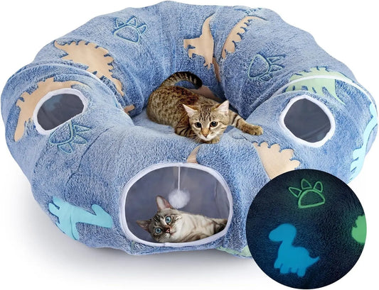 Foldable Cat Tunnel with Washable Bed, 4 Entry Points, Peekaboo Cat Cave Playground