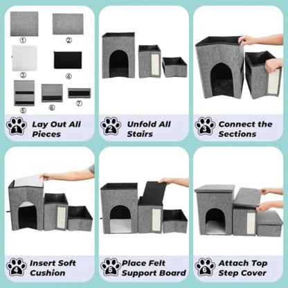 Stairs for Cats and Small Dogs 3 Tiers Pet Step with Storage Foldable Pet Ramp with Condo Cat Scratcher Portable Pet Ladder