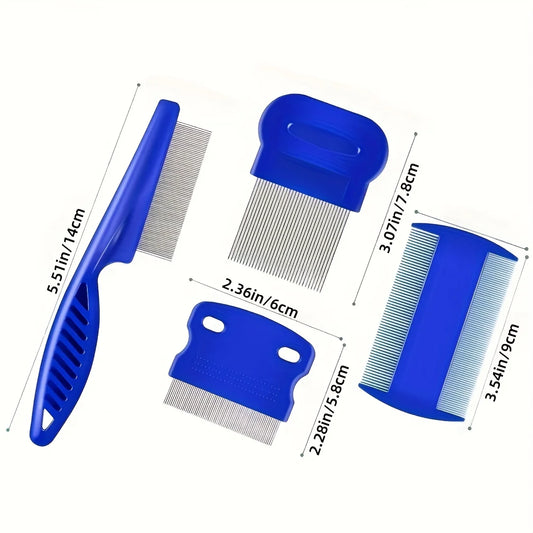 Pack of 4 Flea and Lice Combs, Stainless Steel Grooming Comb with Round Teeth, Double-sided Professional