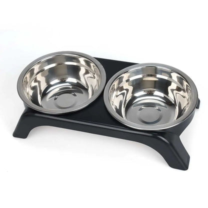 Elevated pet bowl with two stainless steel bowls,  available in black and gray