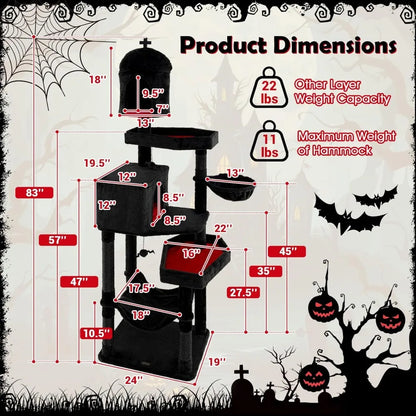 83 Inch Tall Gothic Cat Tree, Multi-Level Halloween Cat Tower with Coffin Beds, Scratching Posts, 2 Cat Condos, Dangling Balls,