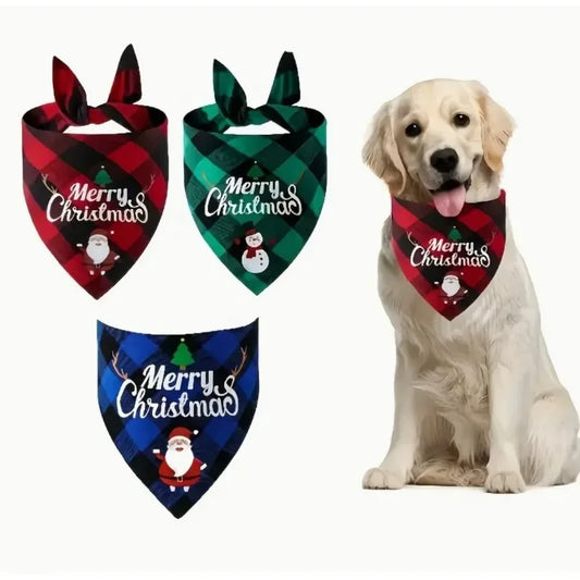 3 Piece Christmas Pet Scarf with Adjustable Collar for Small to Large Dogs, Pet Triangle Plaid Drool Towel