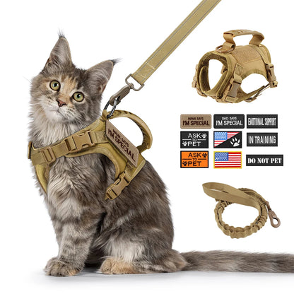 Tactical Cat Small Dog Harness with Leash and 9 Patches  Vest with Handle