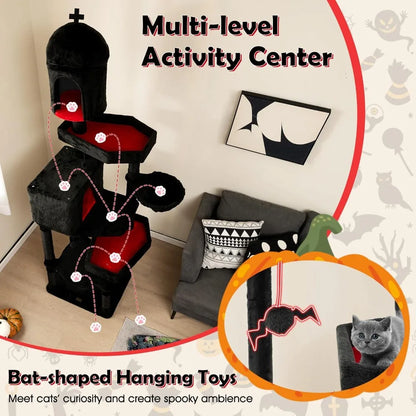 83 Inch Tall Gothic Cat Tree, Multi-Level Halloween Cat Tower with Coffin Beds, Scratching Posts, 2 Cat Condos, Dangling Balls,