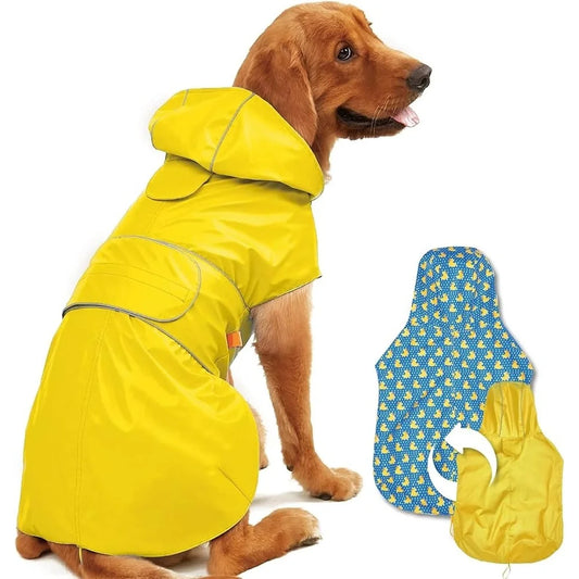 Reversible Waterproof Dog Raincoat with Leash Hole Reflective Stripe Hooded Adjustable Slicker Poncho