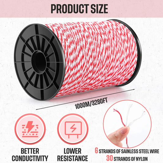 200/500M Roll Electric Fence Rope Poly wire with Steel Poly Rope Fencing  Low Resistance Wire