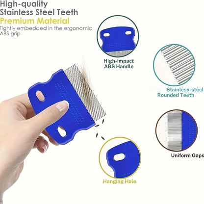 Pack of 4 Flea and Lice Combs, Stainless Steel Grooming Comb with Round Teeth, Double-sided Professional