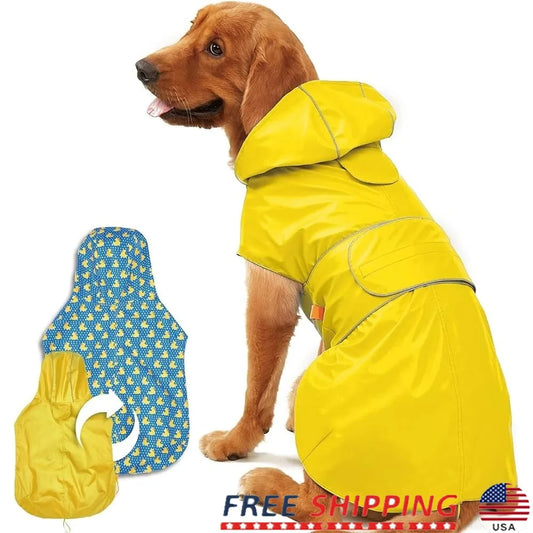 Reversible Waterproof Dog Raincoat with Leash Hole Reflective Stripe Hooded Adjustable Slicker Poncho
