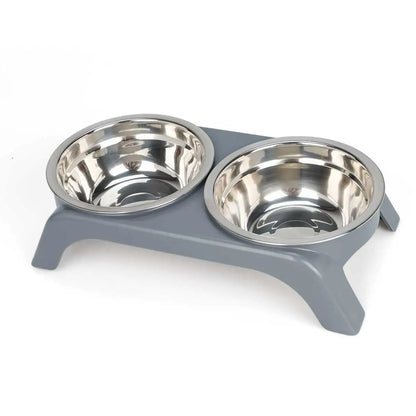 Elevated pet bowl with two stainless steel bowls,  available in black and gray